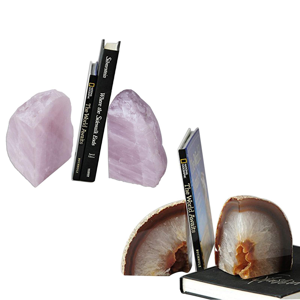 AMOYSTONE Natural Agate Bookends 2-3 lbs & Rose Quartz Book Ends 3-4 lbs for Home Office