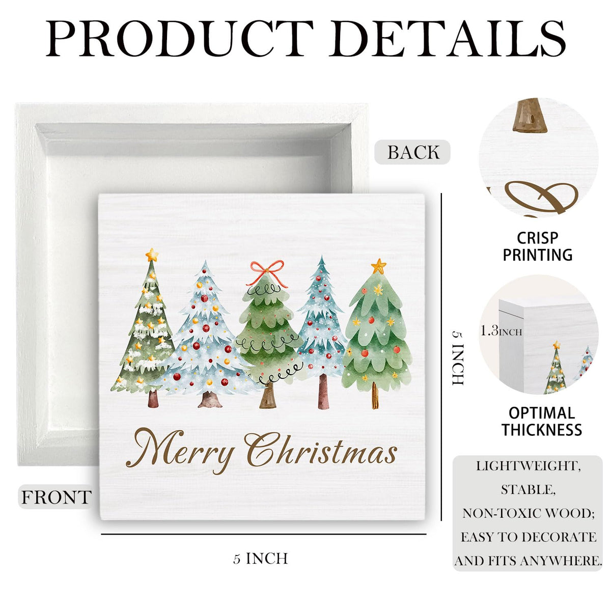 HYKDFMNCJ Merry Christmas Tree Wooden Box Sign Desk Decor, Glitter Holiday Winter Christmas Bauble Tree Wood Signs for Home Bedroom Office Desk Table Shelf Decorations, 5x5 Inch