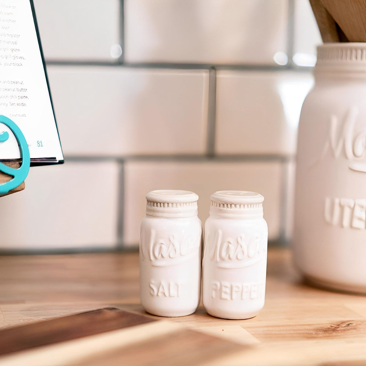 Farmhouse Canisters Sets for the Kitchen - Mason Jar Ceramic Kitchen Utensil Holder, Spoon Rest, Cute Cookie Jar, Salt & Pepper Shaker Sets, Sponge Holder, Measuring Cups & Spoons (White,17-Pc Bundle)
