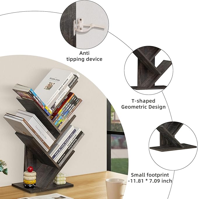 SHEEPAM 5 Tier Tree Book Shelf, Small Desktop Bookshelf