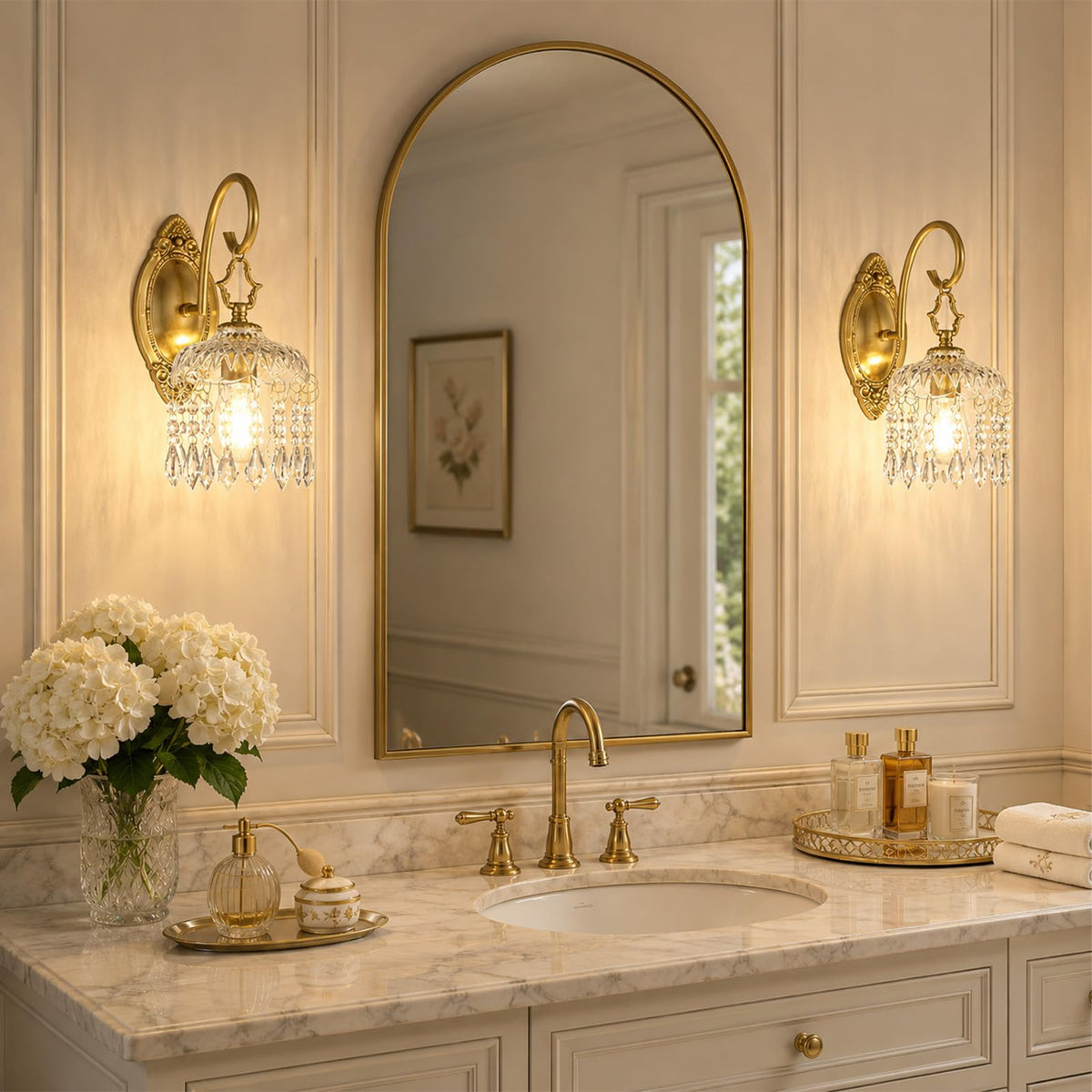 Hamilyeah Crystal Wall Sconces Set of 2, Gold Hardwired Wall Sconce with Faceted Glass Shade and Crystal Drops, Vintage Victorian Brass Wall Light Fixture for Bedroom, Living Room, Hallway, Entryway