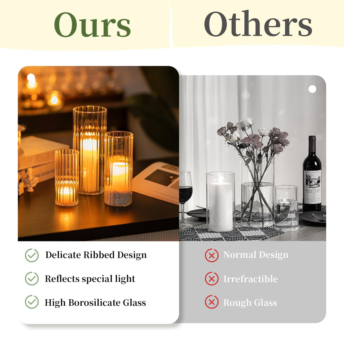 Glasseam Ribbed Glass Candle Holder, Cylinder Candle Holders for Pillar Candles, Clear Hurricane Candle Holder Set of 6, Decorative Floating Candle Vases for Centerpieces Wedding Table Decorations