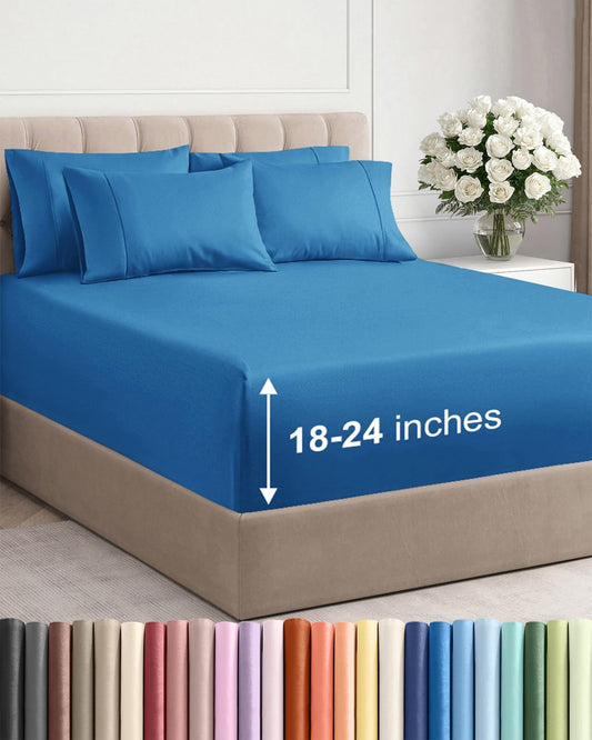 Skiennix Extra Deep King Sheet Set - 6 Piece Breathable Cooling Bedding - Soft Wrinkle-Free Denim Blue