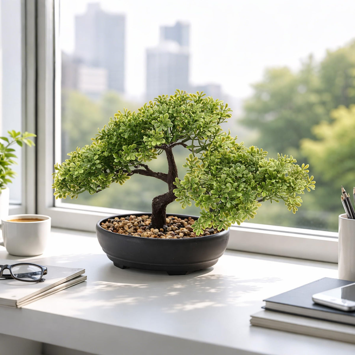 ALAGIRLS Artificial Bonsai Tree, Fake Juniper Plants Indoor Small Fake Bonsai Tree Indoor with Pot and Pebbles Artificial Bonsai Tree Indoor for Desk Home Office Bathroom Shelf Decorations