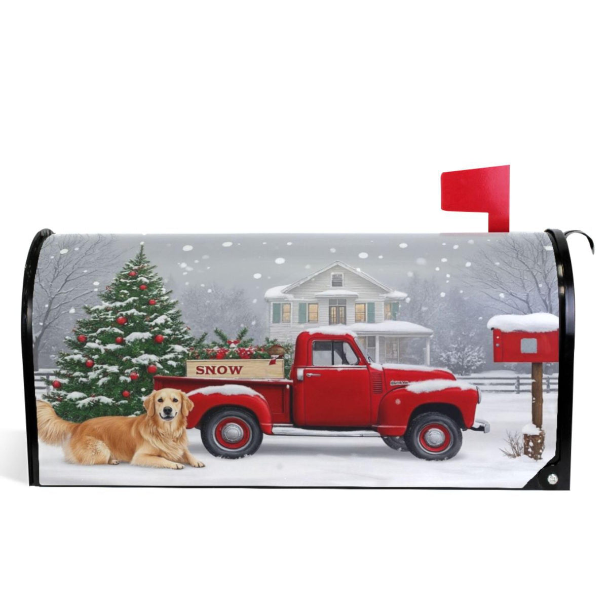 Christmas Tree Red Truck Magnetic Mailbox Covers Winter Snow Golden Retriever Dog Mailbox Cover Standard Size Full Magnet Garden Yard Porch Mail Boxes Cover Holiday Decorations 21" L x 18" W
