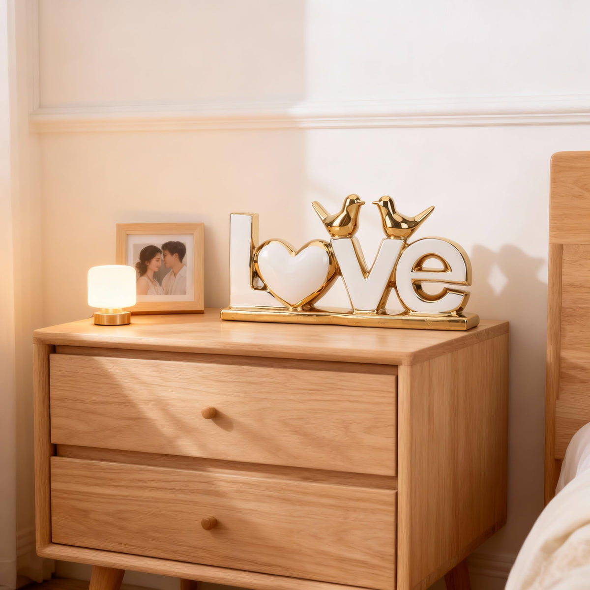 DOVDOV White and Gold Ceramic Love Sign Sculpture with Heart and Bird Statues, Modern Home Decor Accents for Living Room Coffee Table, TV Stand, Entryway and Shelf, Wedding or Housewarming Gift