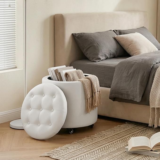 Furniliving Upholstered Button Tufted Round Ottoman