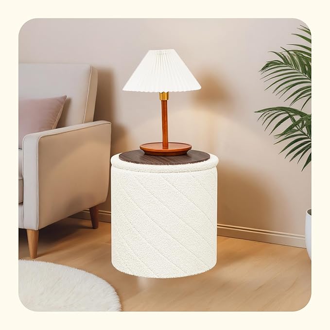 PINPLUS Ottoman with Stroage Round Boucle Ottoman and Tray Sherpa Removable