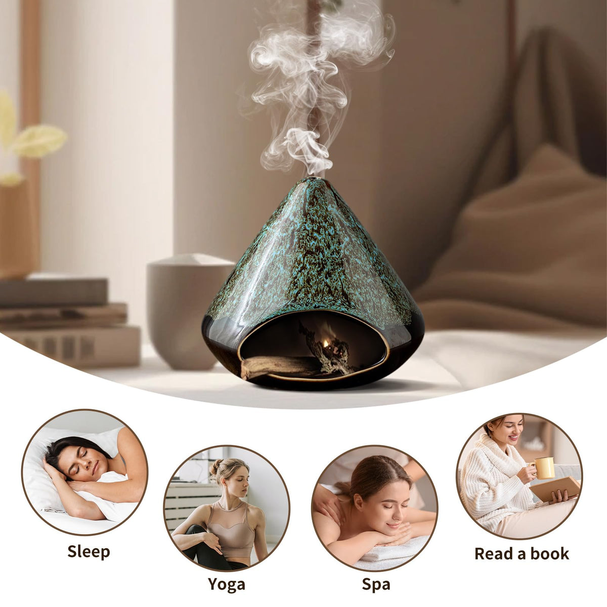 Handcrafted Ceramic Palo Santo Holder –Artistic Incense Burner for Meditation, Mindfulness & Zen Home Decor – Wabi-Sabi Style Cone Sculpture, Relaxation & Aromatherapy-Gift for Yoga (Viridis)