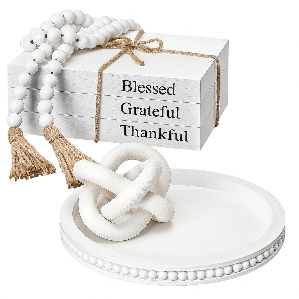 GlikCeil 6 Pcs Rustic Wooden Coffee Table Tray Decoration Set, Round Beaded Tray Wood Chain Bead Garland with Tassels and 3 Decorative Books for Farmhouse Living Room Home Decor(Thankful,White)