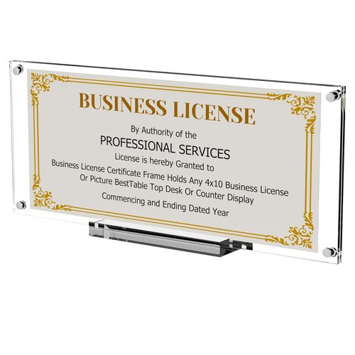 Boloyo Acrylic Business License Display Frame, 10 inch 1PC Clear Display Stand Holder Easel Base Protector for 4x9 Business License Certificate Collectors