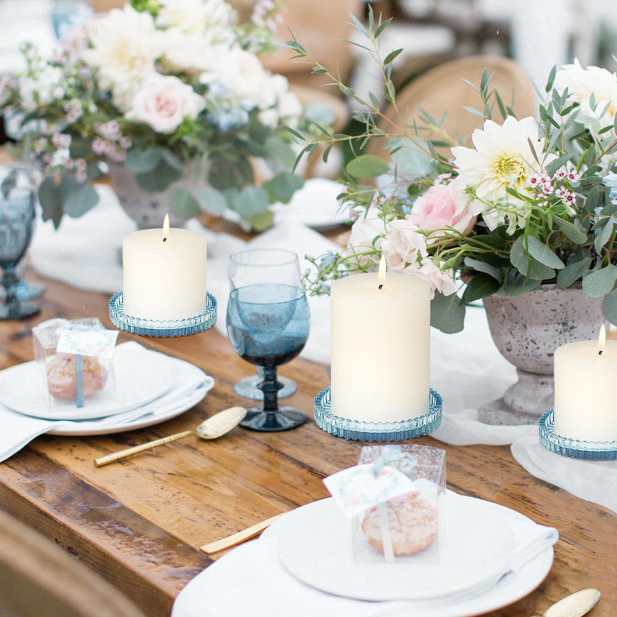 CHOCSTAY Glass Pillar Candle Holder, 4" Blue Candle Plates Set of 3, Glass Candle Holders for Wedding, Party, Holiday, Home Decor, Table Centerpiece