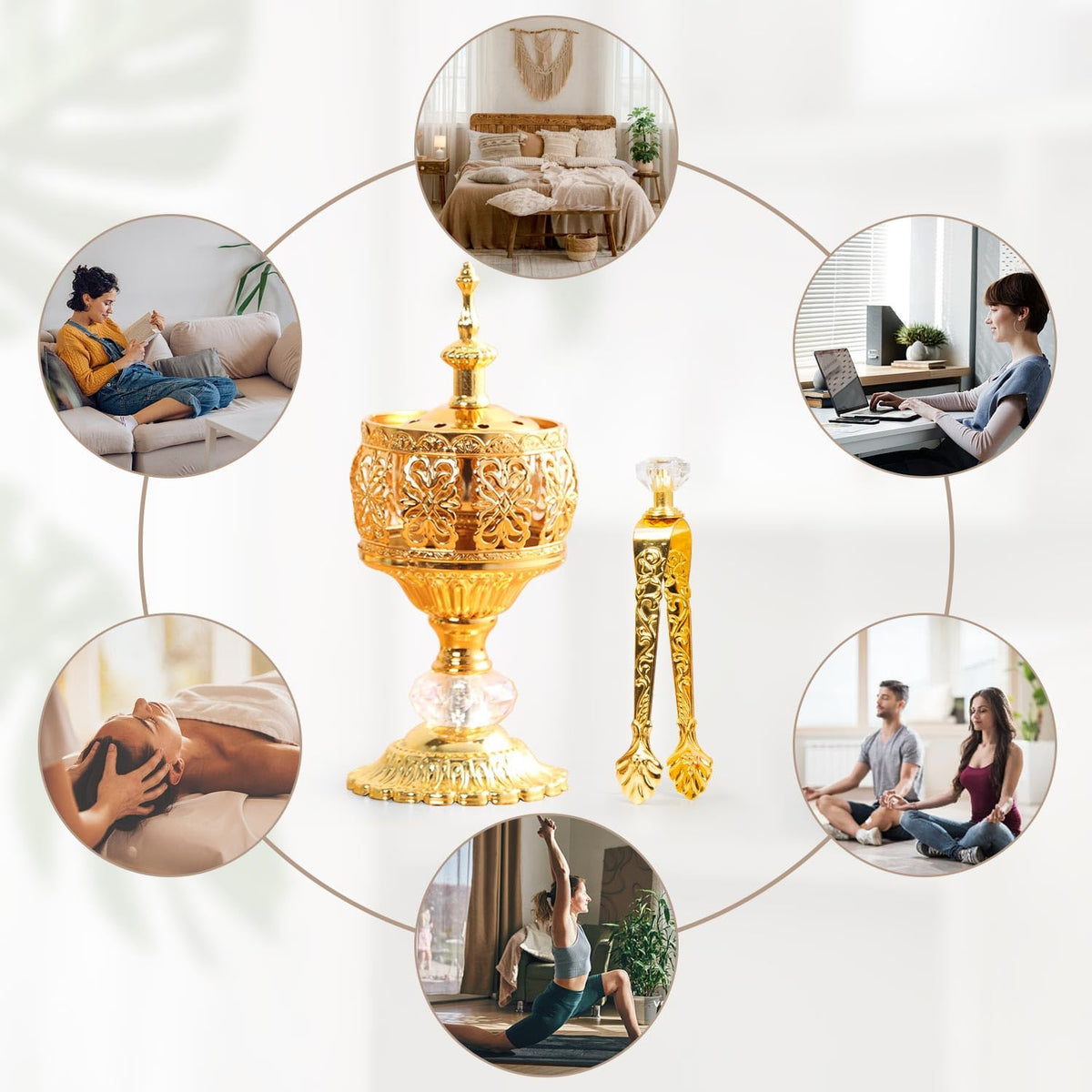Xisakaca Gold Incense Burner Holder, Bakhoor Frankincense Charcoal Censer Resin Stand with Tongs, Ideal for Aromatherapy Yoga Spa, Home Christian Church Decor