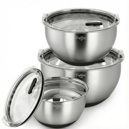 Mixing Bowls with Airtight Lids, Stainless Steel Nesting Bowl Set with Clear Lids & Valve, 3 Essential Sizes (1.5/3/5 QT), Measurement Marks, Non-Slip Silicone Base, Food Prep & Fridge Storage, Black