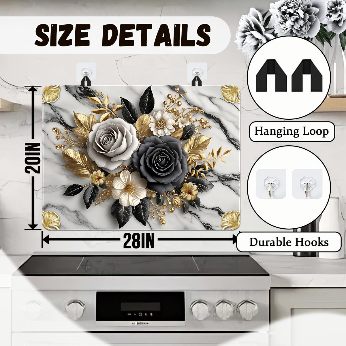 Flower Stove Top Cover for Electric Stove, Rose Range Covers, Black White Range Top Mat, Gold Flower Leaf Cooktop Cover 28x20 inch, Marble Pattern Cooktop Covers for Kitchen Holiday Home Decor