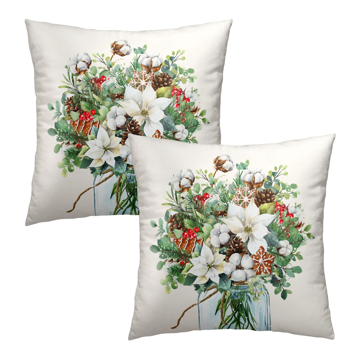 Winter Floral Bouquet Throw Pillow Covers 18x18 Inch 2 Packs Christma Poinsettias Pinecones Pillowcase Holly Berries Eucalyptus Mason Jar Farmhouse Cotton Square Cushion Case for Home Sofa Bedroom