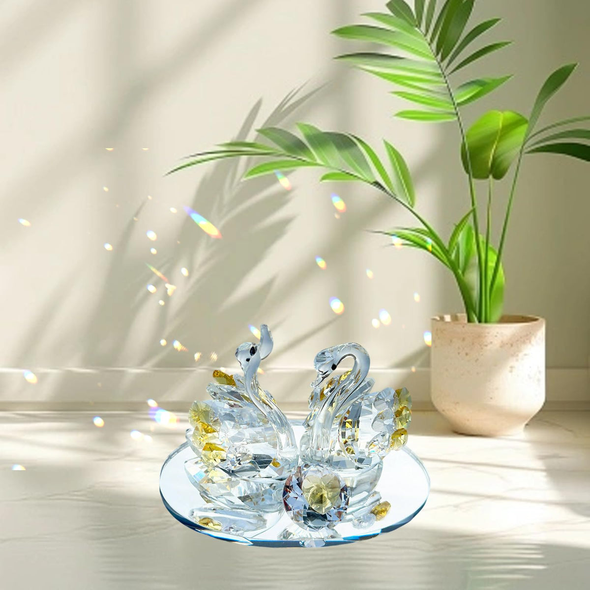 Venusorn Handcrafted Crystal Swan Figurine Sculpture with Accents, Decorative Glass Collectible,Birthday, Party, Study Room, Window, Gift (Golden)