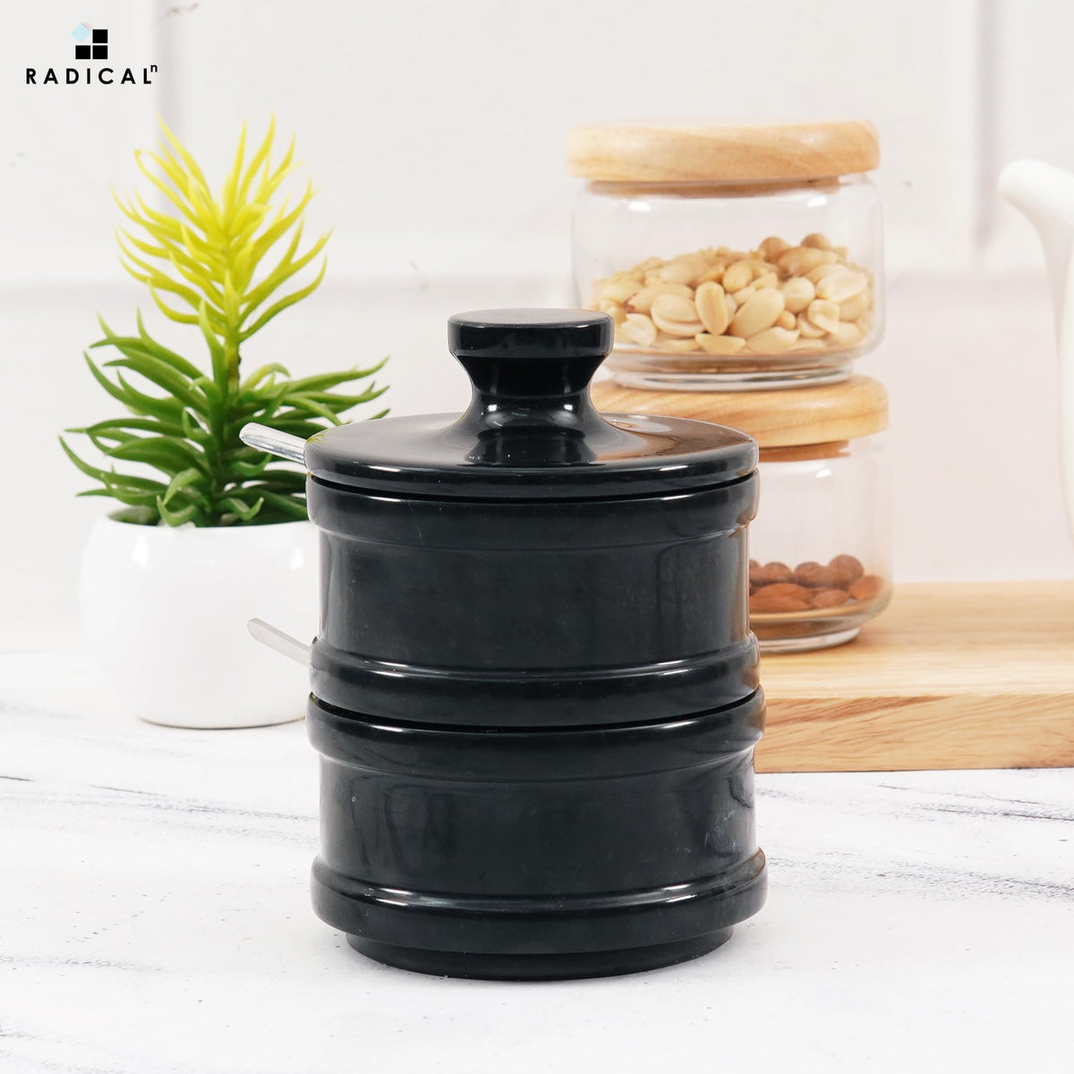 Radicaln Handmade Marble Black 5.5” Dual Salt Cellar With Lid – 2.3” Each Salt and Pepper Bowls Kitchen Container Storage Set – Ideal for Jewelry, Butter Keeper, Sugar & kitchen Décor