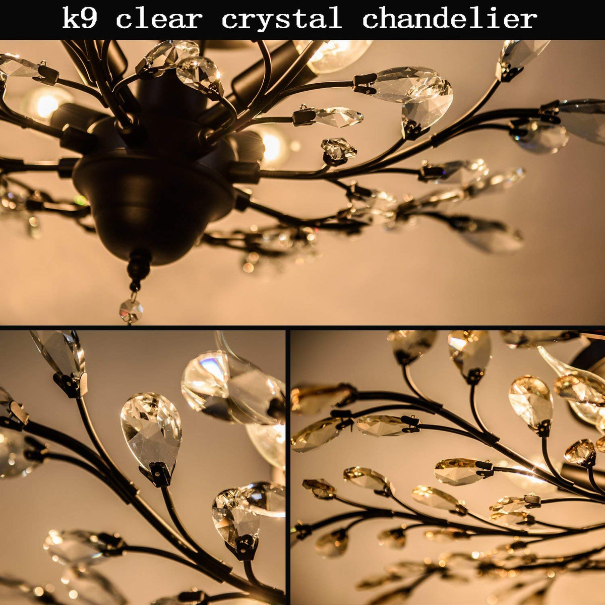 Garwarm 5 Lights Vintage Crystal Chandeliers Ceiling Lights LED Light K9 Clear Crystal Pendant Lighting Ceiling Light Fixtures Chandeliers Lighting for Living Room Bedroom Restaurant Porch (Black)