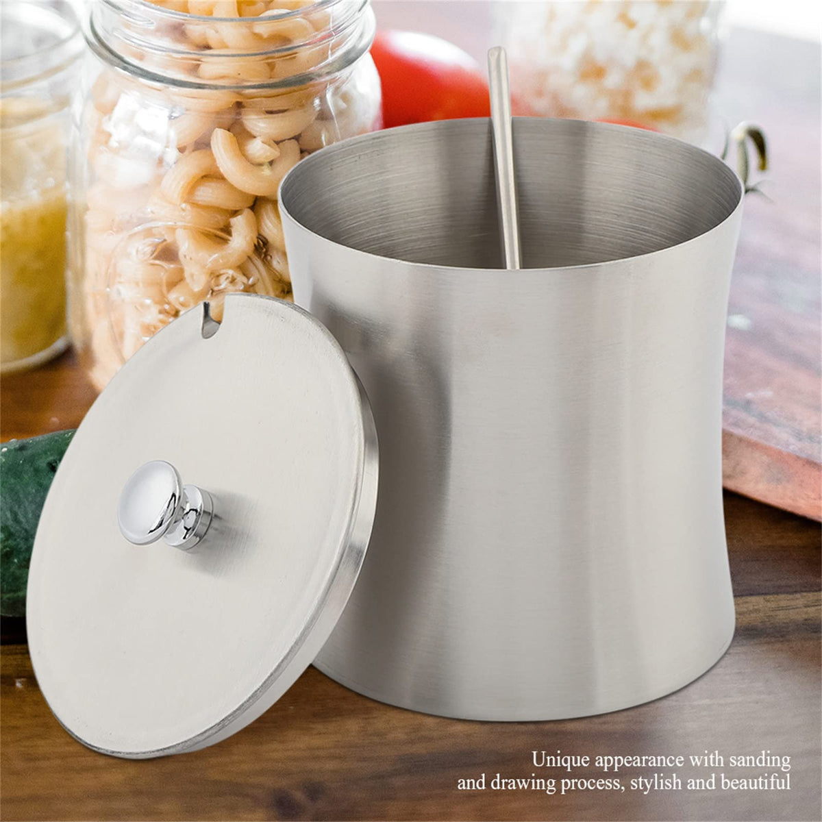 Acouto Salt Bowl with Lid and Spoon, Stainless Steel Sugar Bowl Salt Seasoning Condiment Pot Jar with Cover and Spoon