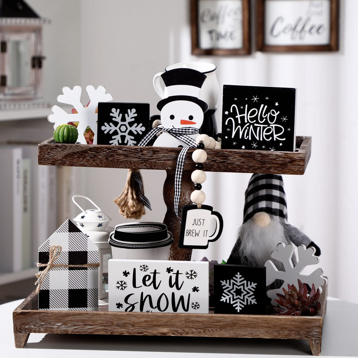 Sawysine 8 Pieces Winter Tiered Tray Decor, Let It Snow Sign Decor Farmhouse Snowflake Wooden Signs for Holiday Shelf Kitchen Coffee Bar(Black, White)