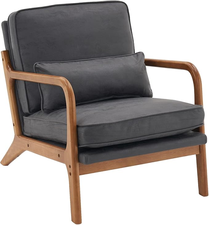 Bonnlo Microfiber Dark Grey Mid Century Modern Accent Chair, Soild Wood Padding