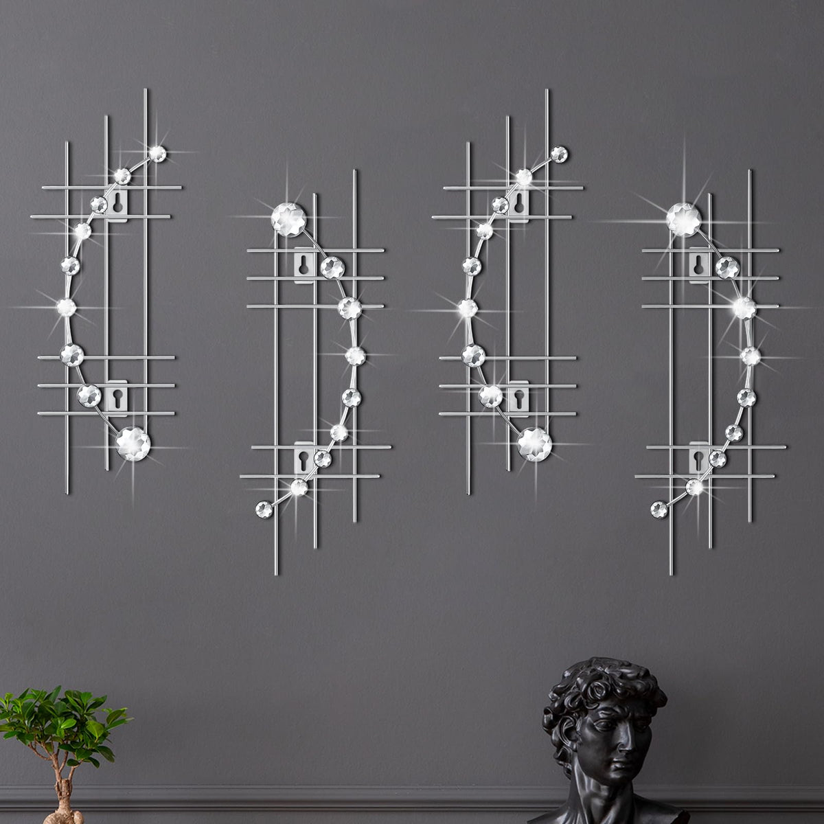 Lingvee 4 Pcs Sliver Metal Rhinestones Wall Decor 3D Silver Jeweled Art Bling Crystal Home Decorative Metal Wall Art for Living Room