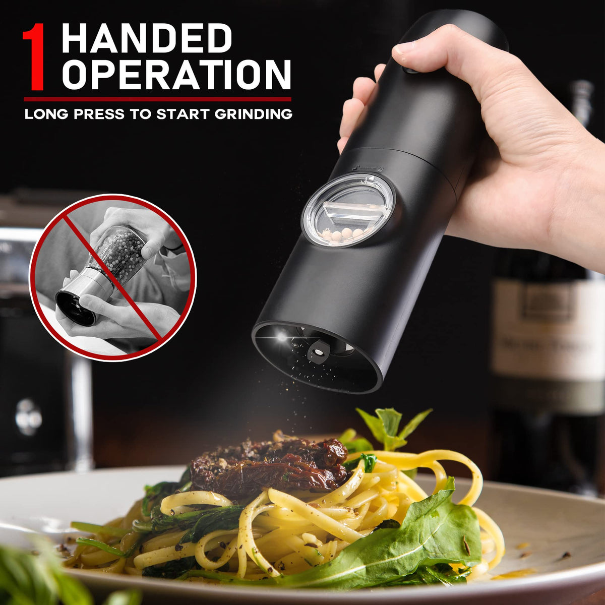 Electric Salt and Pepper Grinder Set of 2, Automatic Pepper Mill,USB Rechargeable, Adjustable Coarseness, One-handed Operation, Ceramic Burr,Refillable, Auto Grinders with Charging Base LED Light