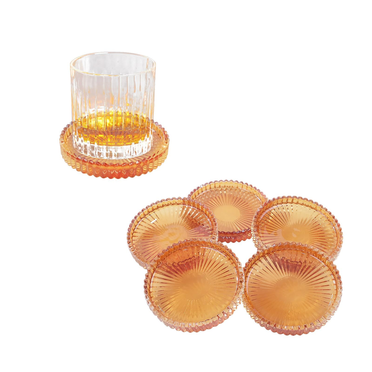 Jollyhilan Glass Coaster 6 Pack Round Cup Coasters for Drinks,Crystal Coffee Coaster,Stylish Drink Coasters for Kitchen Bar Dining Room Living Room Office Decor and Jewelry Storage,Amber