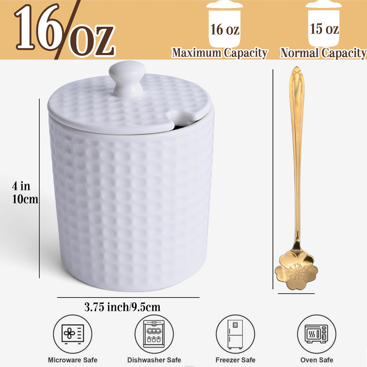 Seworlan Ceramic Sugar Bowl with Lid and Gold Spoon, 16 oz Large Sugar Container for Coffee Bar, Modern Farmhouse Decorative Sugar Holder for Salt, Spice & Seasonings, Dishwasher Safe, White