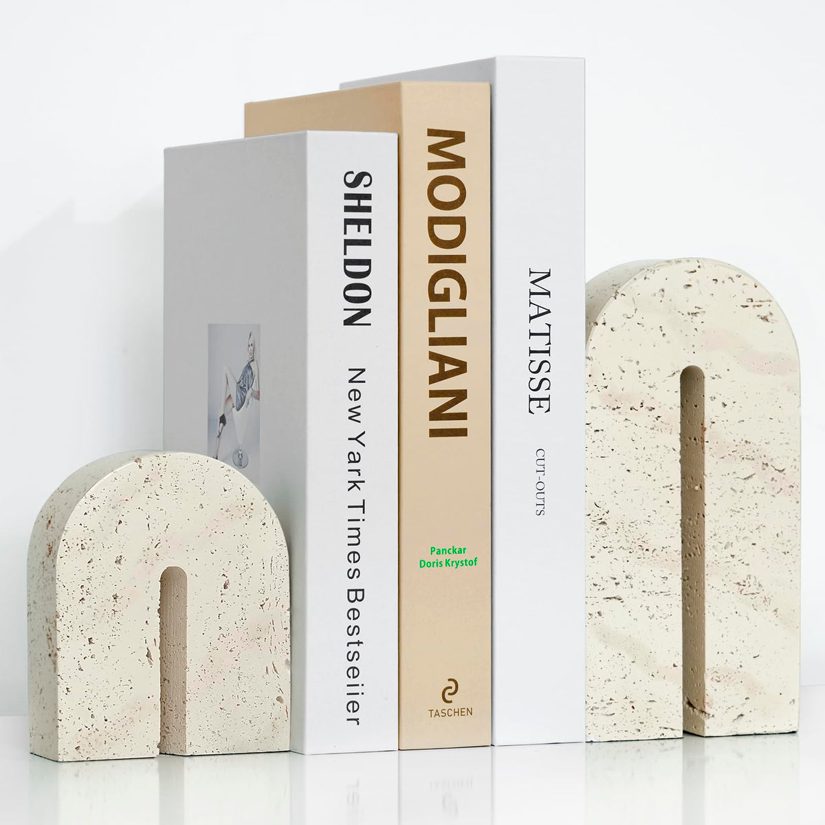 BOHDK Book Ends for Shelves, Resin Heavy Duty Decorative Bookends, Retro Arch Book Holder for Heavy Books, Imitation Travertine Book Stopper for Home Decor, Study, Bookshelf, Desktop, Set of Two