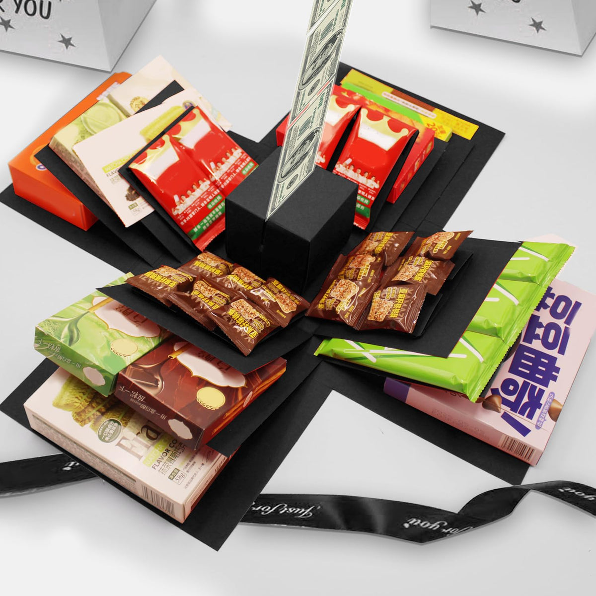 5-Layer creative explosion gift box, gift wrap box. Creating a 5-Layer of various gifts by yourself. An ideal, mysterious self-made gift for birthday, Christmas and anniversaries. (Black, Square)