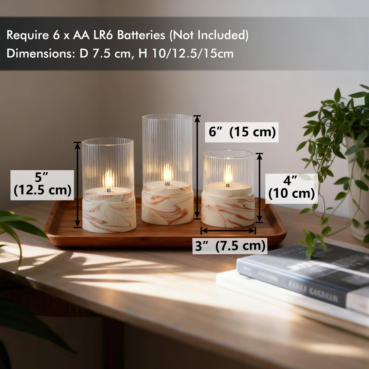 Fanna 3 Flameless LED Candles with Timer Function in Marble Texture, Battery Operated Glass Candles for Home Decor and Table Centerpieces, Cream and Burnt Orange Design - H 4" / 5" / 6"