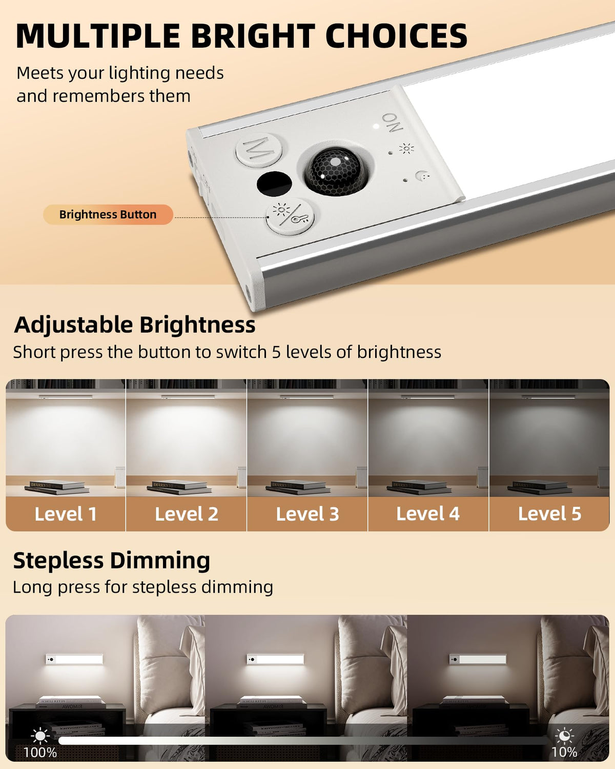 EZVALO 10inch Under Cabinet Lighting, LED Motion Sensor Light Indoor, 2400mAh USB Rechargeable Closet Lights, Dimmable & Magnetic Wireless Under Counter Lights for Kitchen, Pantry, Stairs (2 Pack)