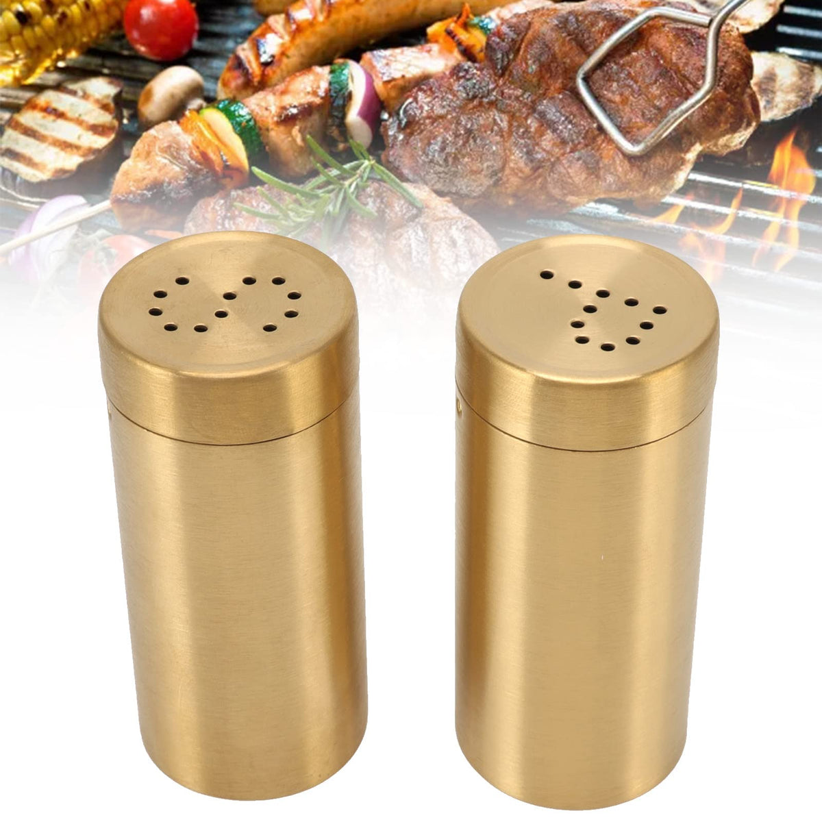 Stainless Steel Gold Spice Jars - 2 Pcs Rustproof Screw Top Seasoning Shaker Bottle for Salt, Sugar, Pepper, Paprika
