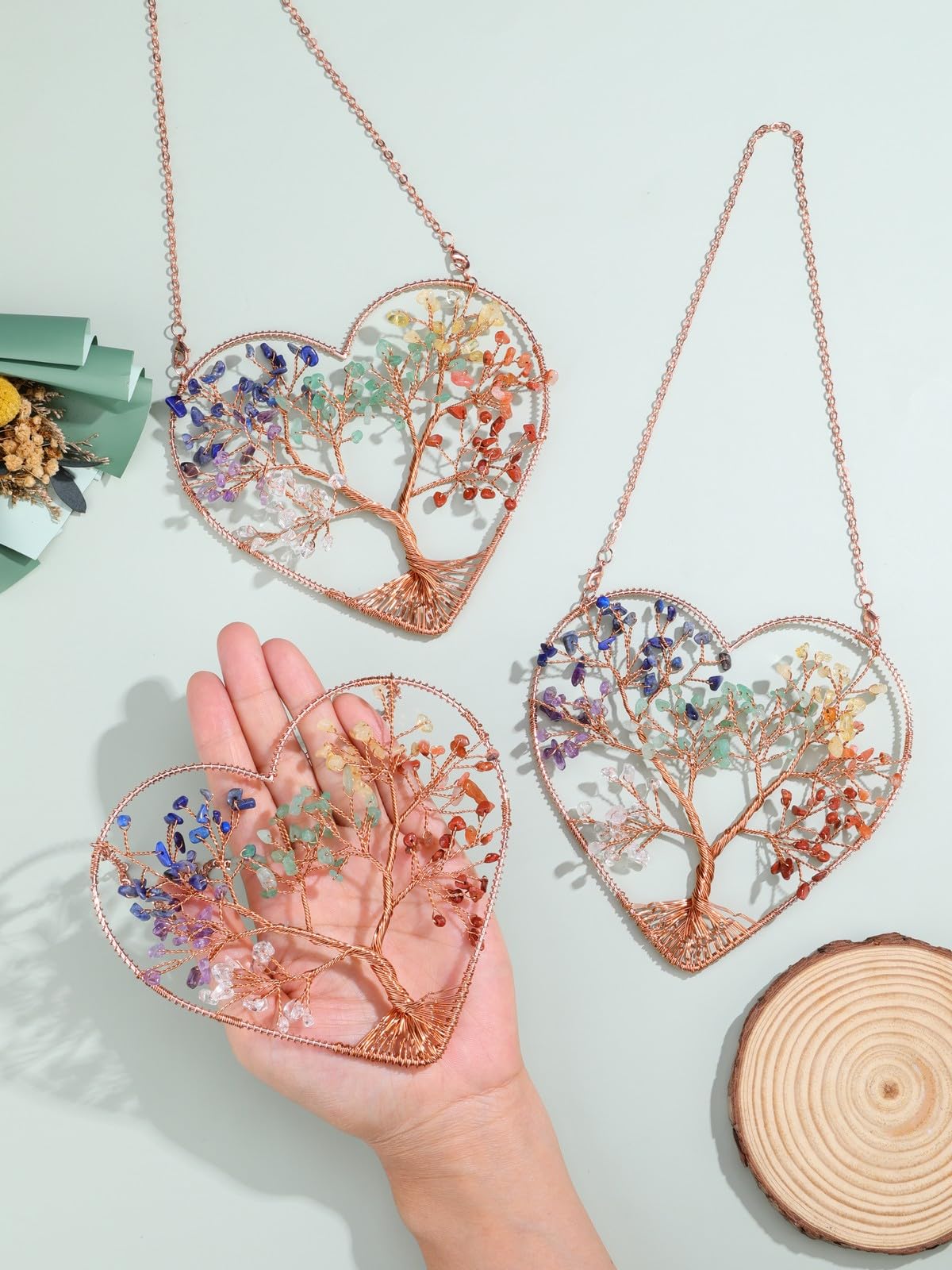 CrystalTears Chakra Crystal Tree Life Heart Hanging Ornament for Home Wall Window Room Decor, Healing Crystals Gemstone Wall Hanger, Positive Crystal Gifts for Women Mom Birthday Christmas