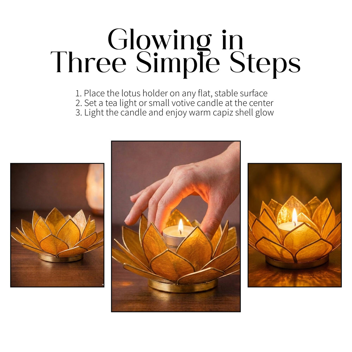 Om Gallery Gemstone Lotus Tealight Holder - Handcrafted Capiz Shell Design for Soft Glow, Elegant Home & Table Decor, Wedding Centerpieces, Votive Candle Styling, and Thoughtful Gifting - Amber