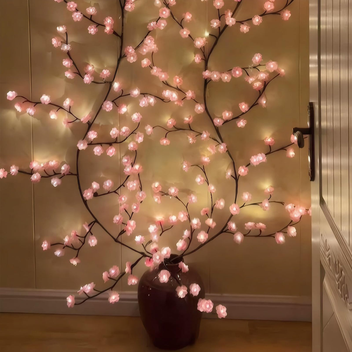 Cherry Blossom Tree Branch Lights for Wall,Cherry Enchanted Willow Vine Lights,with 48 LED and 8 Lighting Modes,Remote Timer,for Bedroom Wall Doors Windows Wedding Christmas Holiday (47inch)