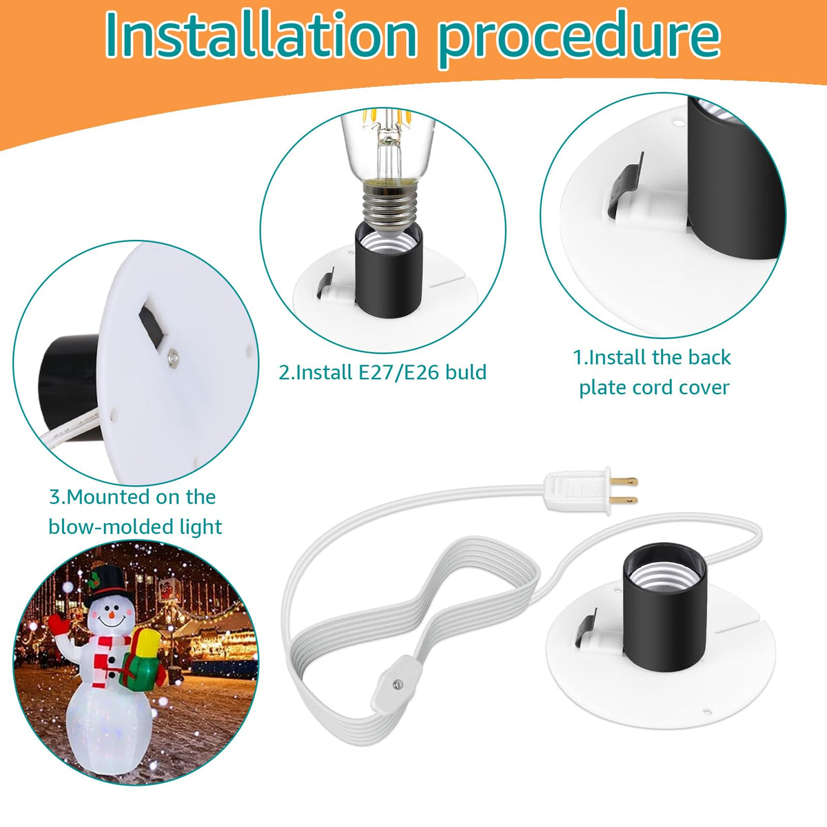 Basysion Blow Mold Light Kit Replacement Medium Base LightLight Cord with Switch, for MB48 E26 E27LED Single Light Cord Kit,for Christmas Village Halloween Salt Lamps Home Festive (2 Sets)