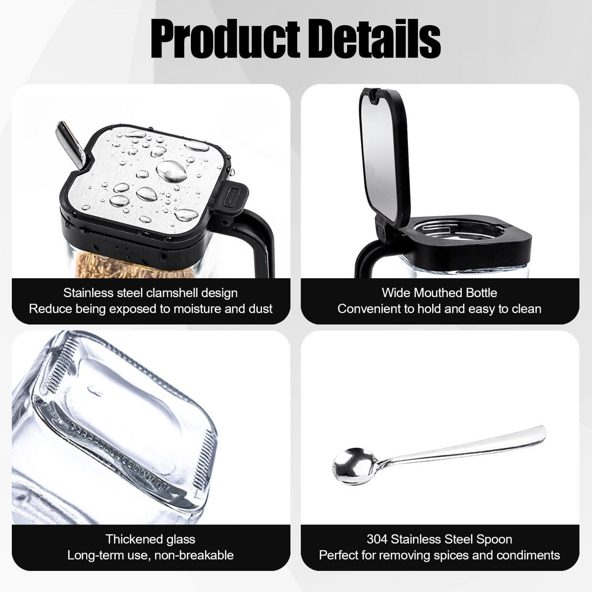 JEPELUS 3 Pcs Condiment Jar Spice Container with Lids and Spoons, Clear Glass Salt and Sugar Container Sets, Square Condiment Canisters Pots Seasoning Box for Kitchen Countertop (Black)