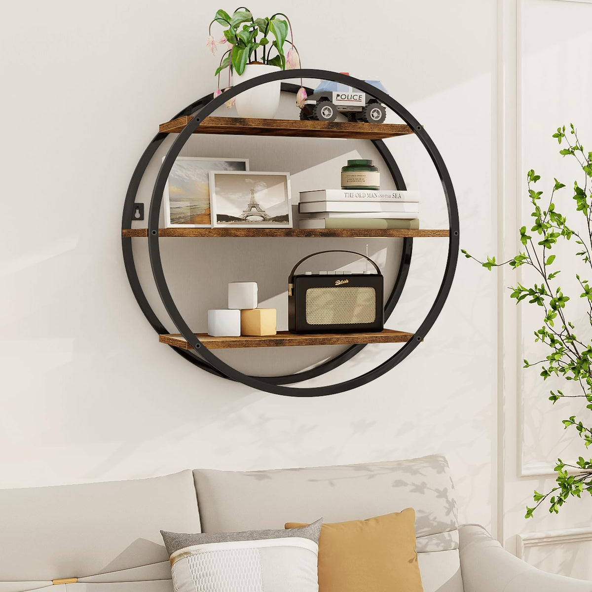 BCOZLUX Floating Shelves, 3 Tier Decorative Geometric Circle Metal and Wood Wall Shelves, Bathroom Shelf Round Wall Decor, Rustic Brown