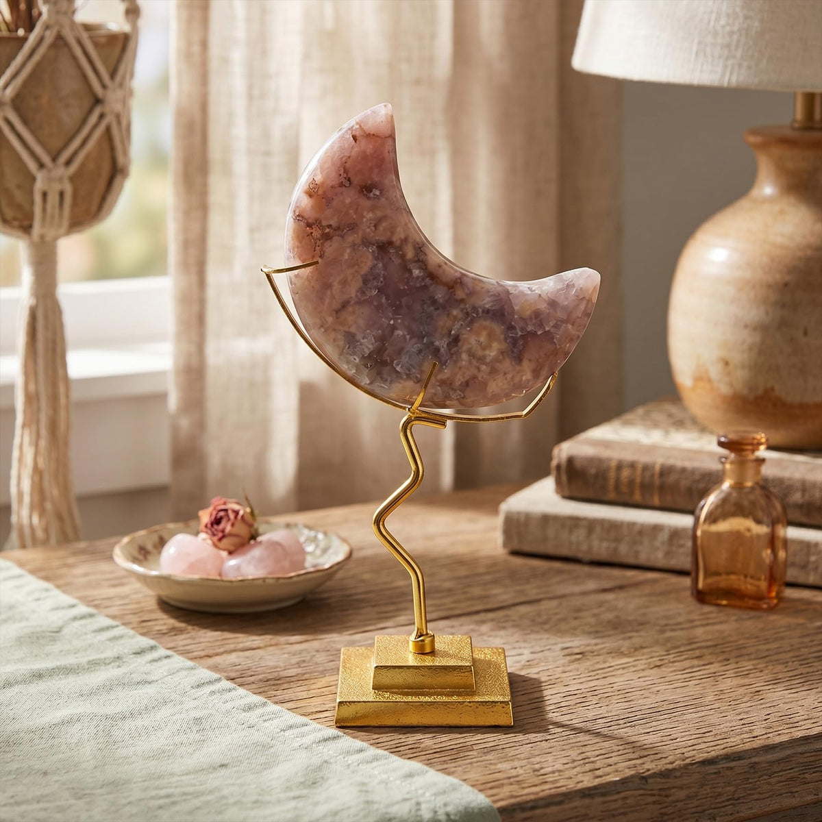 BrightRow 2 Pcs Moon Crystal Holder Rock Display Stand Crystal Display Gemstones Holder Metal Rock Stand with Base for Gemstones Mini Balls Geodes Mineral Agate Home Decor (4.9 x 2 Inch,Gold)