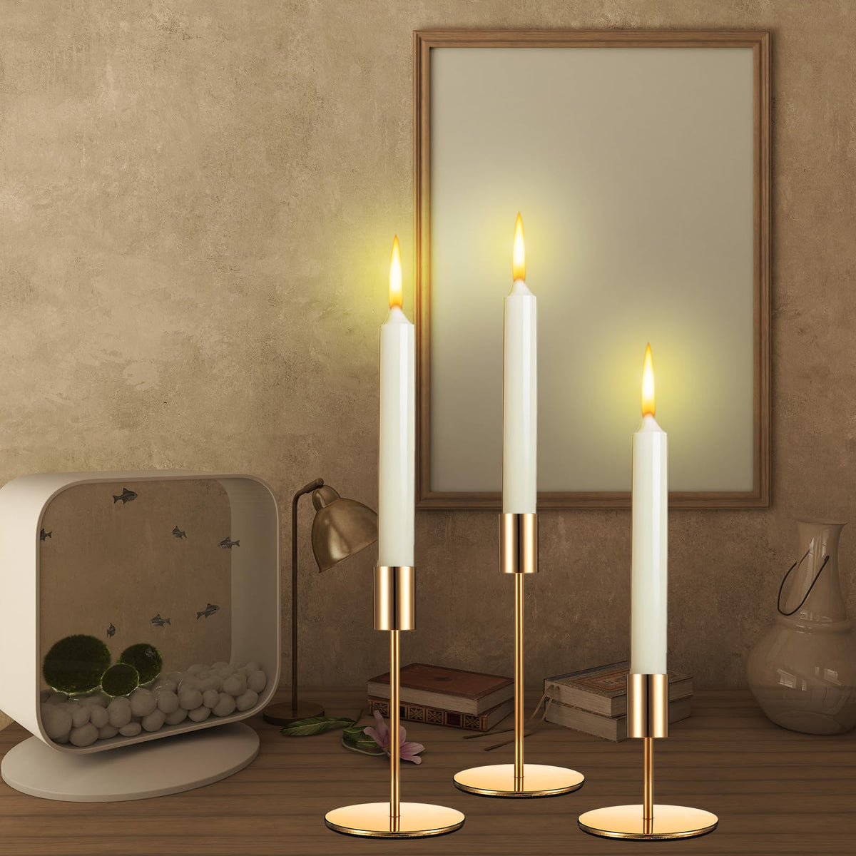 6 Pcs Gold Taper Candle Holders Set, Metal Candlestick Holder for Dining Table Centerpiece, Wedding, Mantel Decor, and Housewarming Gift