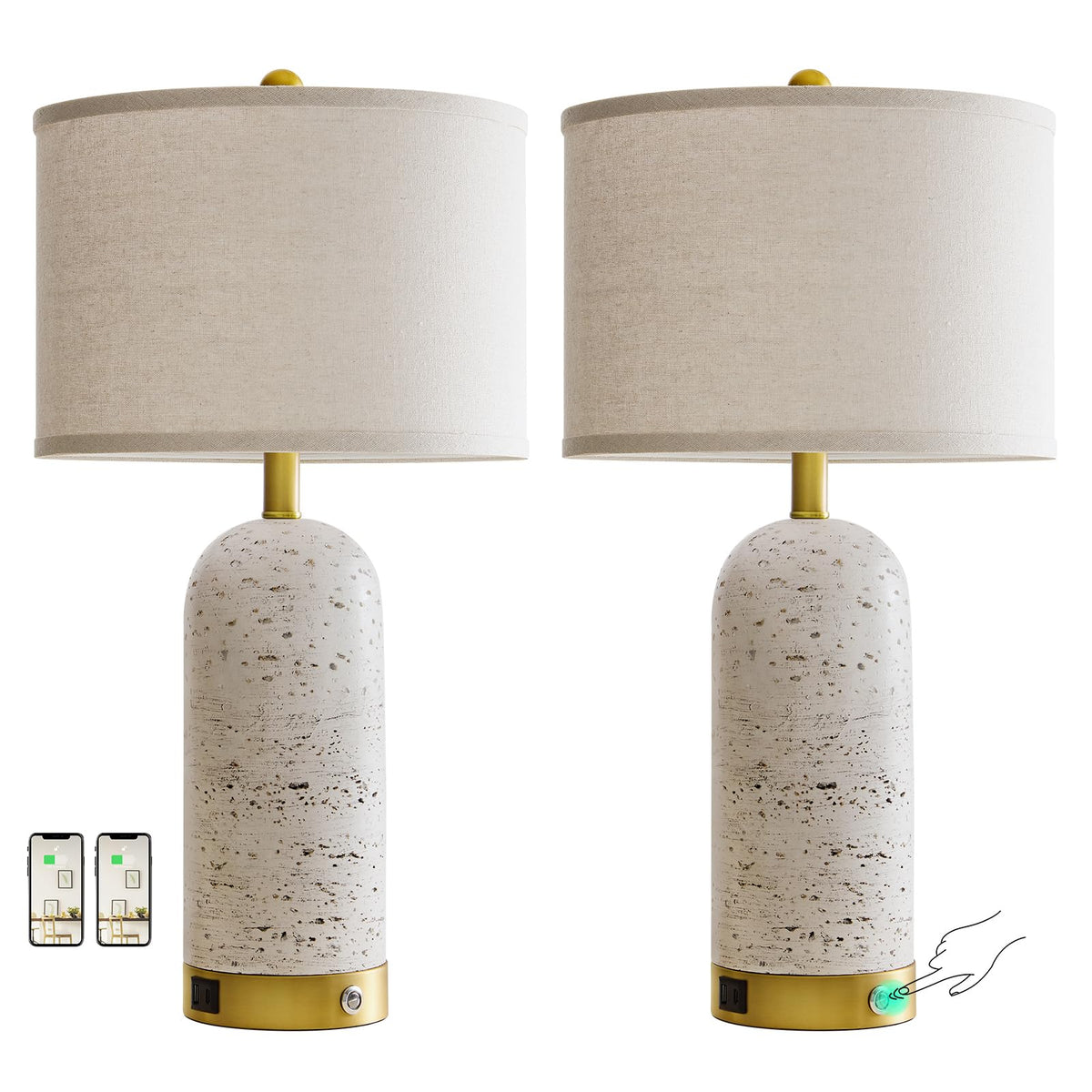 RORIA 25" Set of 2 Touch Rustic Table Lamps for Living Room, Resin Stone Travertine Nightstand Modern Lamps with 3-Way Dimmable and USB A+C Ports for Bedroom Entryway, 2 LED Bulbs Included