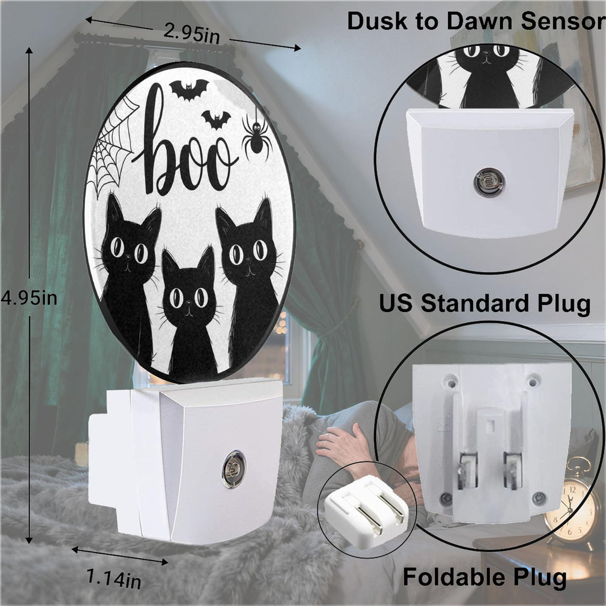 Mugod Black Cat Plug-in Nightlights Halloween Bats Spider Web Night Light Plug into Wall with Dusk-to-Dawn Sensor LED Lighting 0.5W Sleep-Friendly