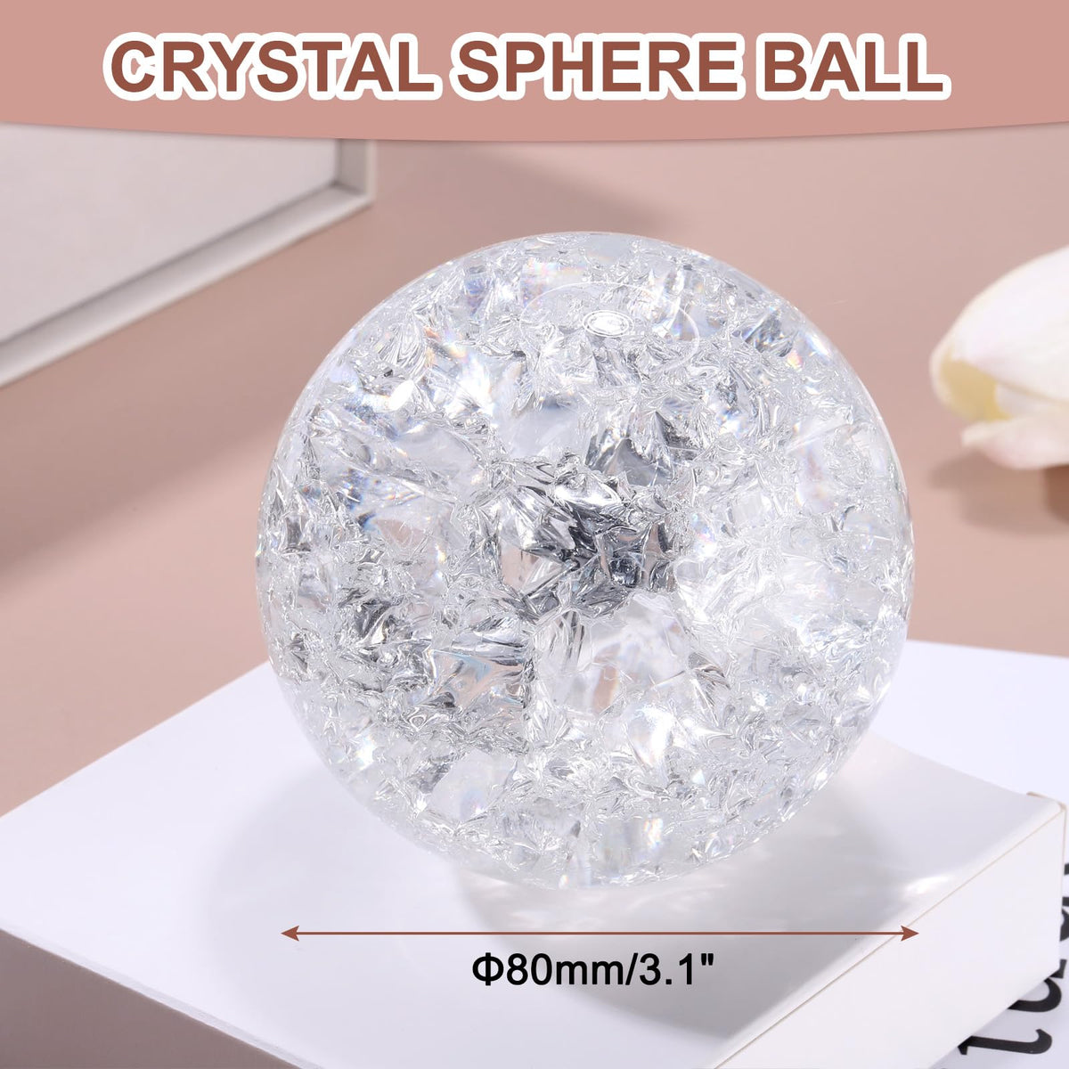 uxcell 80mm/3.1" Crystal Sphere Ball Ice Cracked Glass Solid Decorative Sphere Crystal Ball Prop Ornament for Feng Shui Divination Fortune Telling Tabletop Fountain Decoration, Clear