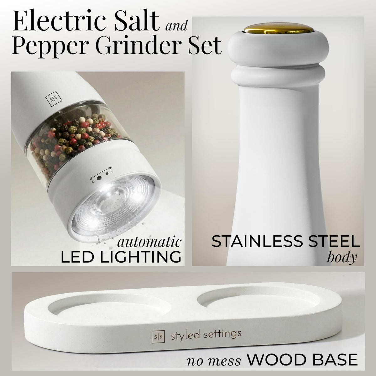 Electric Salt and Pepper Grinder Set - Styled Settings White Electric Salt and Pepper Shakers, Automatic Stainless Steel Set with LED Light, Battery Operated, Adjustable Coarseness, Wood Base