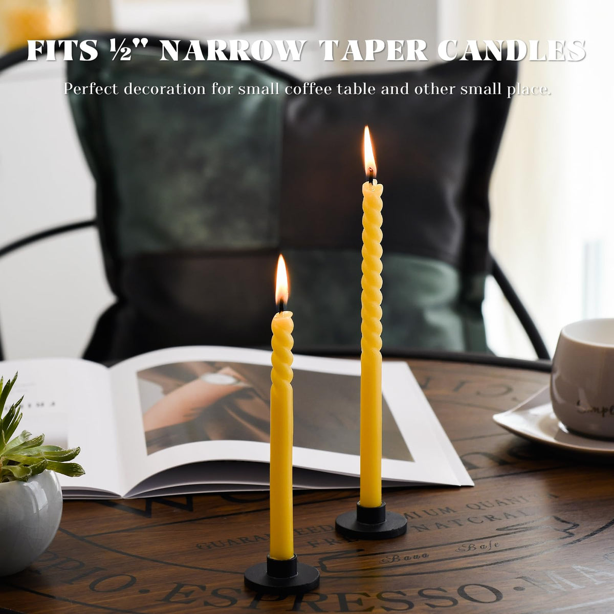 Black Iron Mini Taper Candle Holders for 1/2 Inch Candles – Small, Skinny, Thin Tapered Candle Holders for Chime, Spell, Church Candles – Set of 6