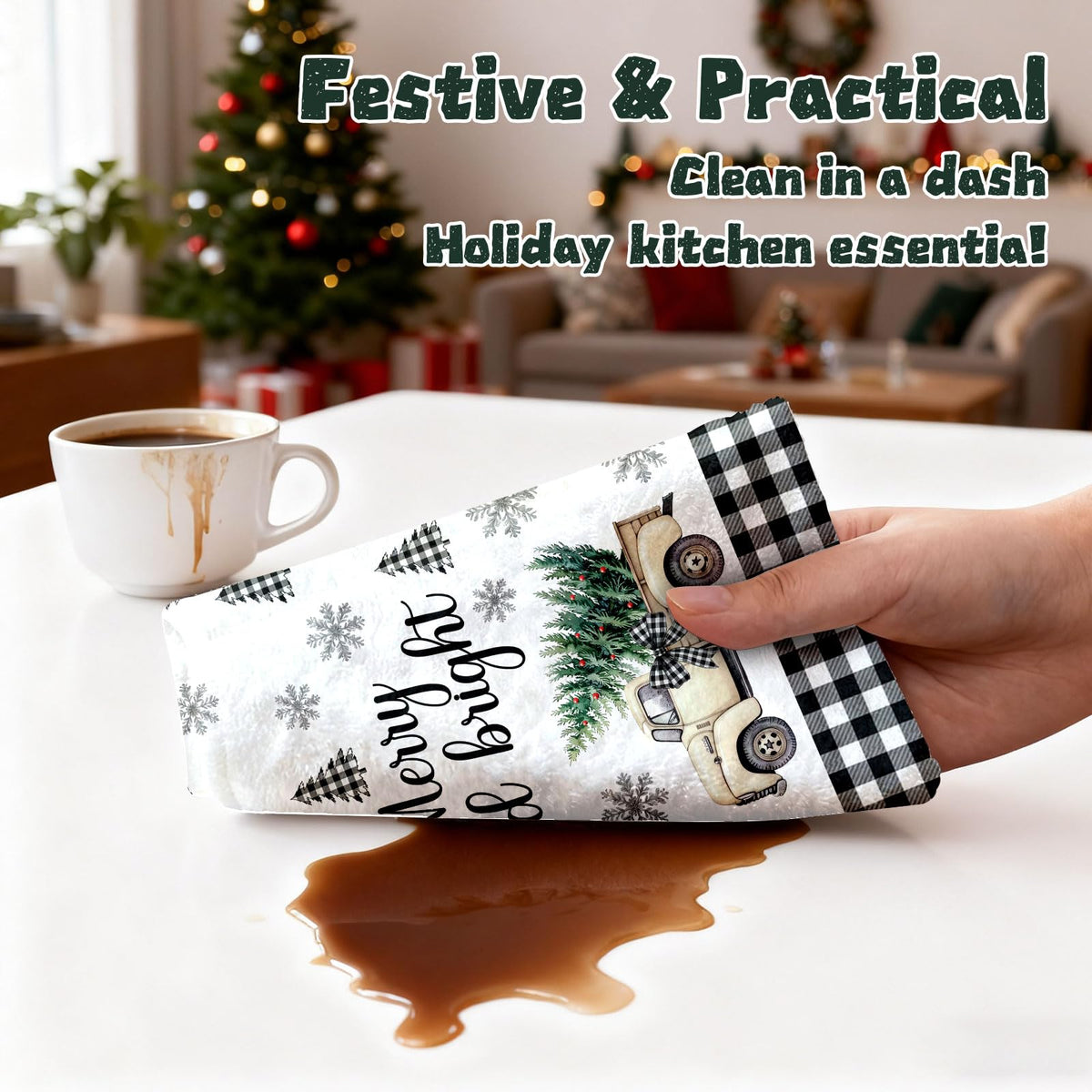 HEIFAM Green Xmas Christmas Kitchen Towels 6 Pcs, Christmas Hand Towel for Bathroom, Holiday Kitchen Towel, Snowman Tea Dish Towels, Snowflake Gloves Decor Gray Strips, Housewarming Gift, 17 X 26in