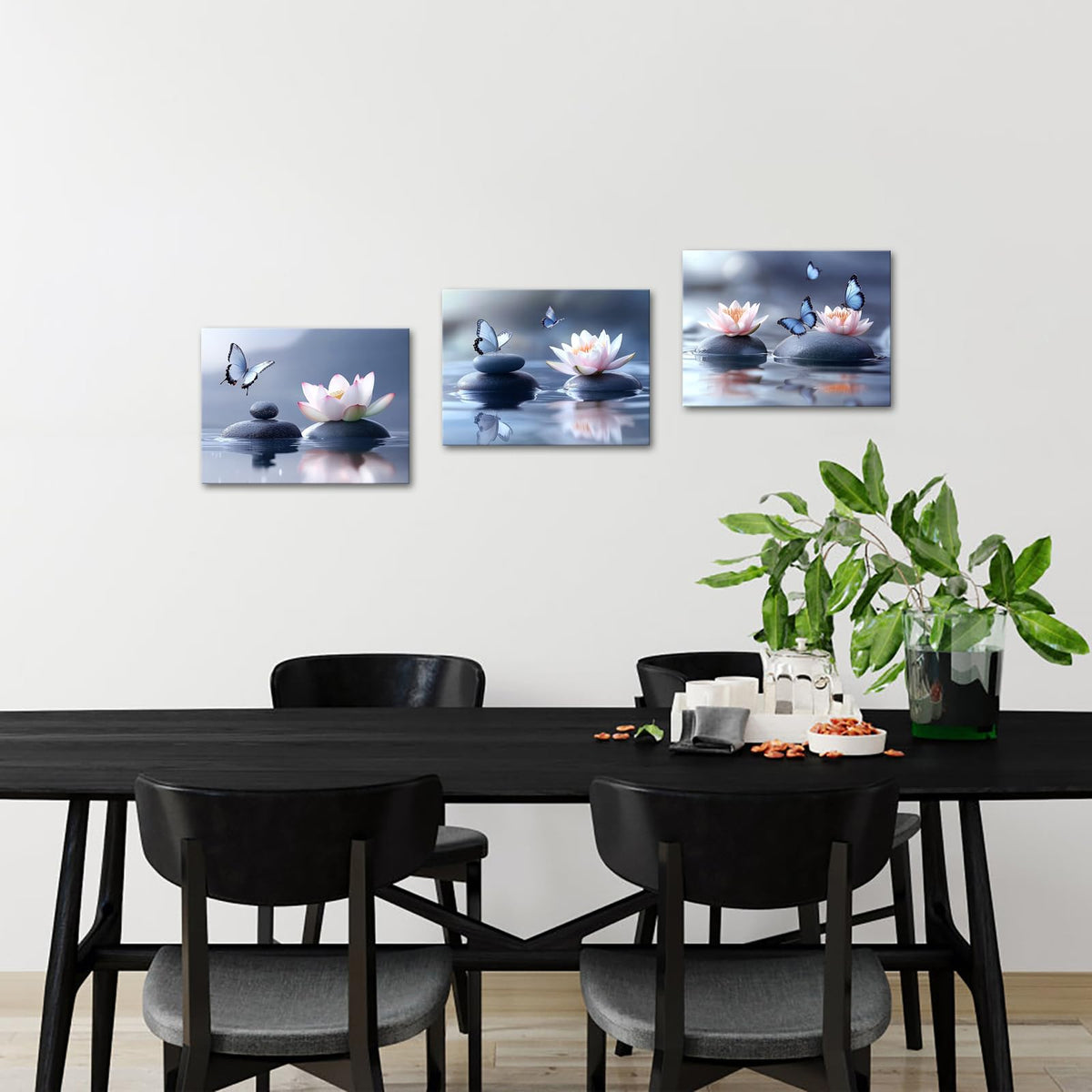 iKNOW FOTO Zen Lotus Flower Canvas Wall Art - 3pcs Calming Spa Decor with Stones and Butterfly - Water Lily Modern Artwork for Bathroom, Yoga Studio, Meditation, or Living Room - 12x16 Each